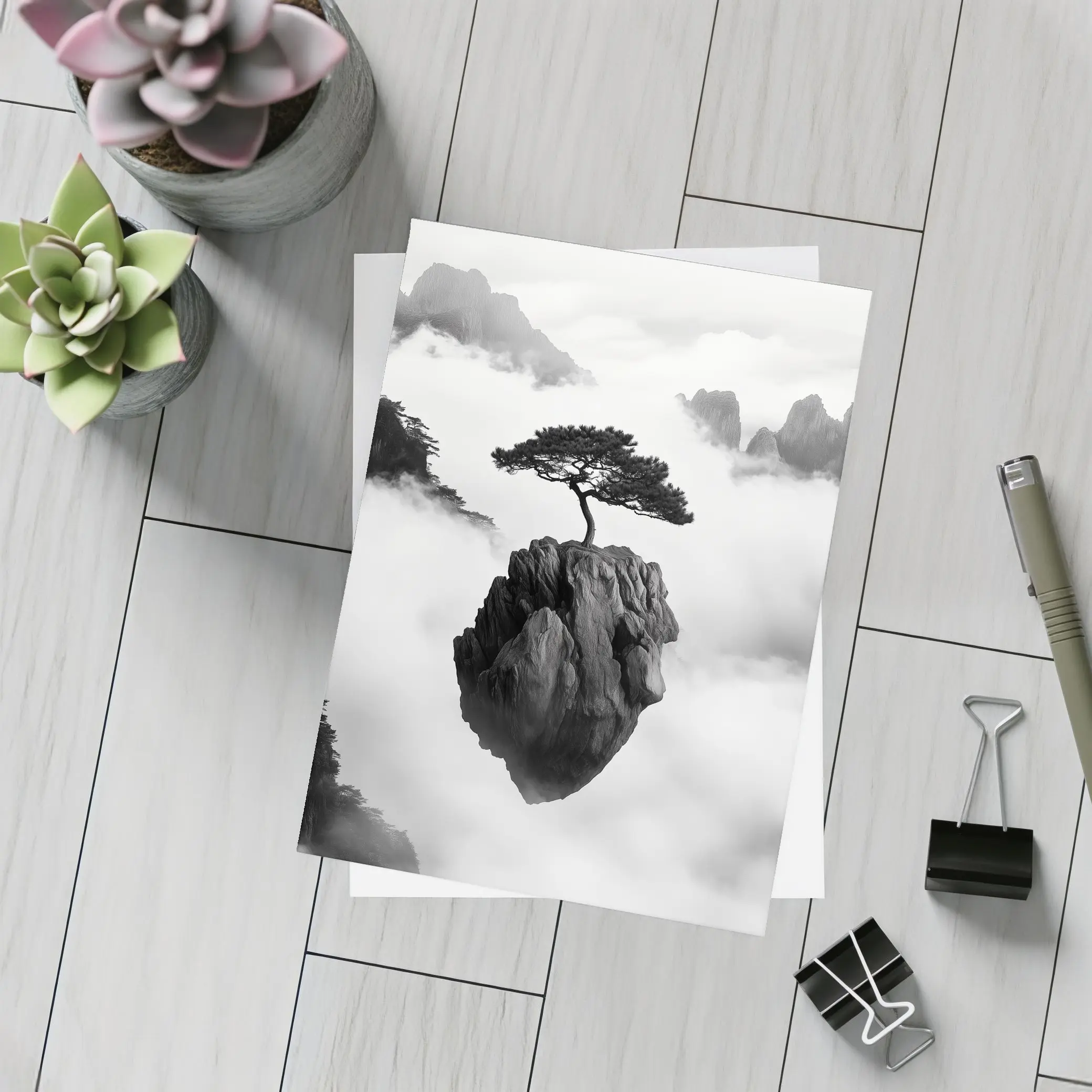 Lone Pine Tree Floating Rock Black White – Postcards