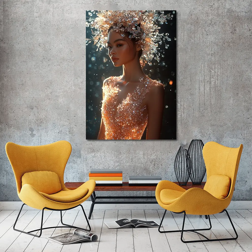 Crystal Crown Woman Orange Dress Dark Background – Wall Art