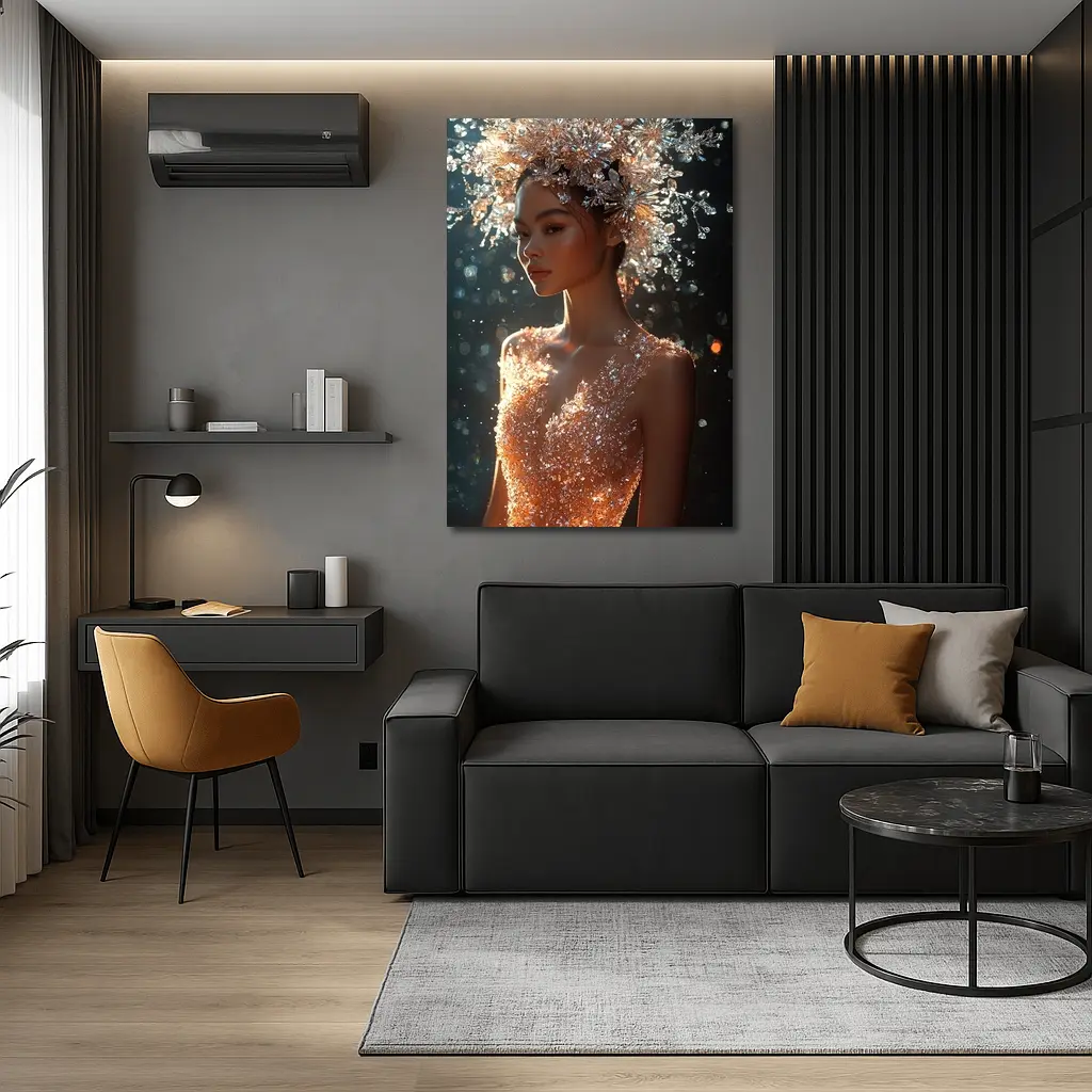 Crystal Crown Woman Orange Dress Dark Background – Wall Art