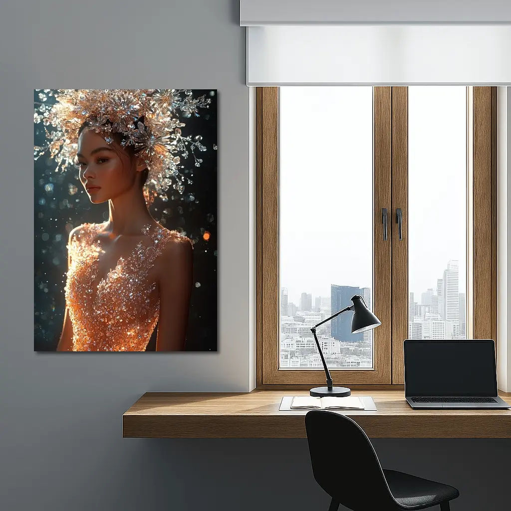 Crystal Crown Woman Orange Dress Dark Background – Wall Art