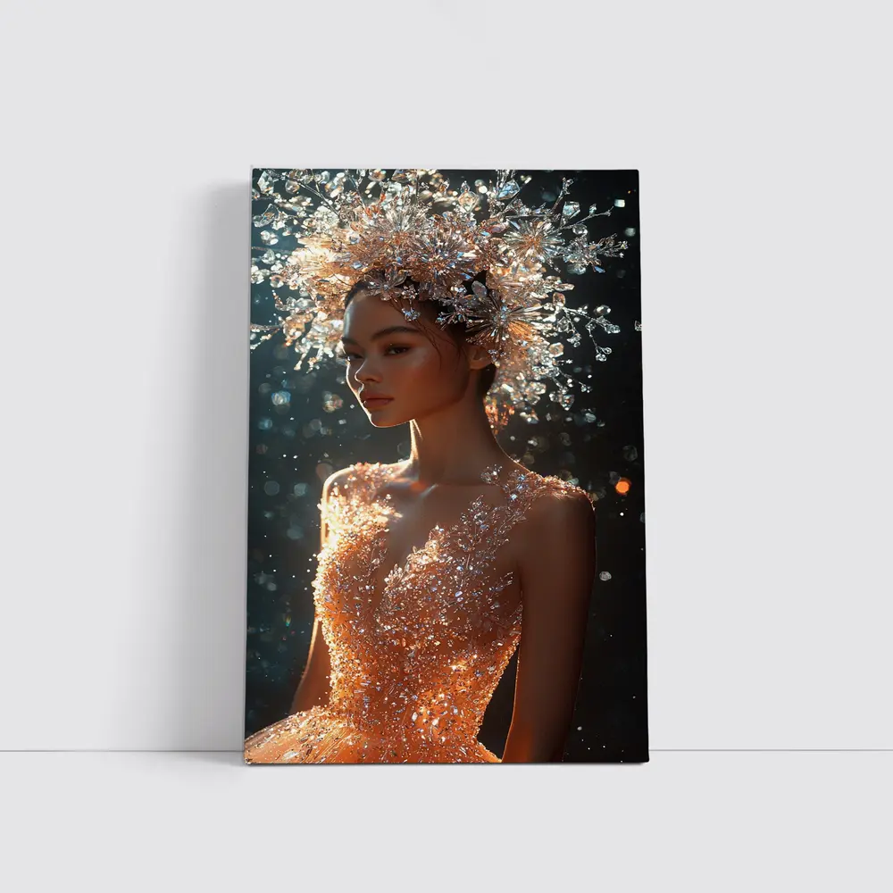 Crystal Crown Woman Orange Dress Dark Background – Wall Art