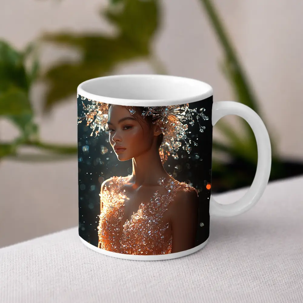 Crystal Crown Woman Orange Dress Dark Background – Mugs