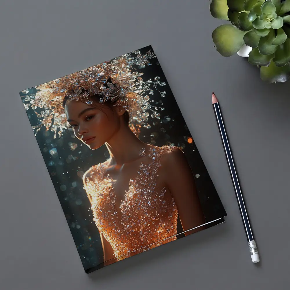 Crystal Crown Woman Orange Dress Dark Background – Notebooks