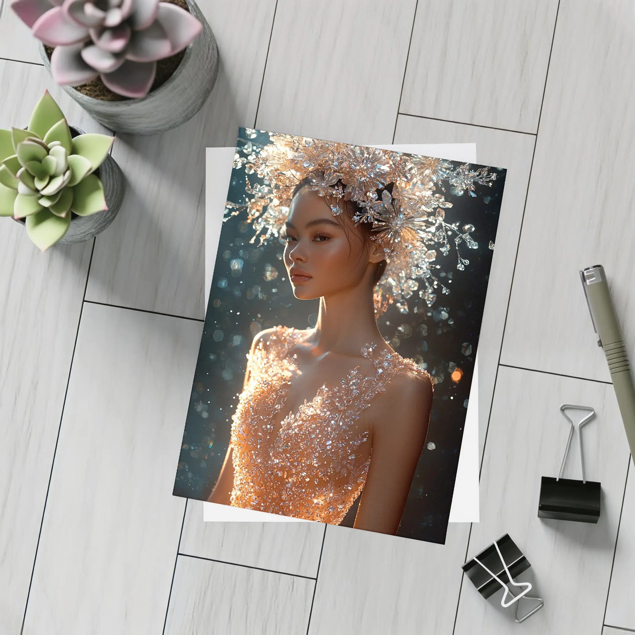 Crystal Crown Woman Orange Dress Dark Background – Postcards
