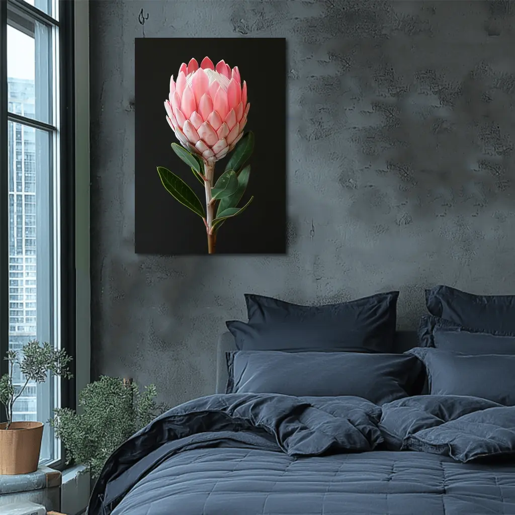 Pink Protea Flower Dark Black Background – Wall Art