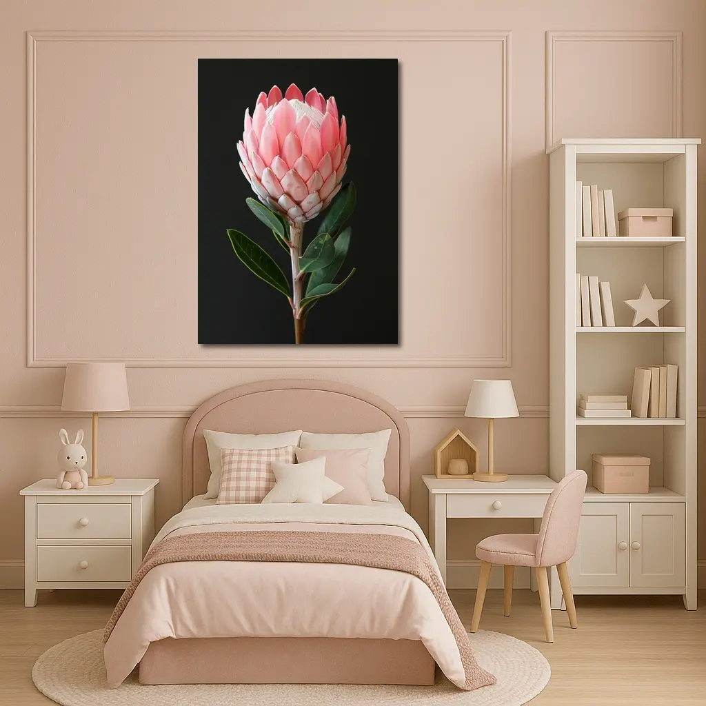 Pink Protea Flower Dark Black Background – Wall Art