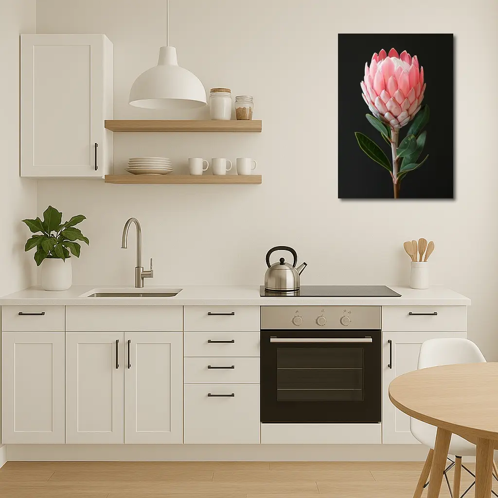 Pink Protea Flower Dark Black Background – Wall Art