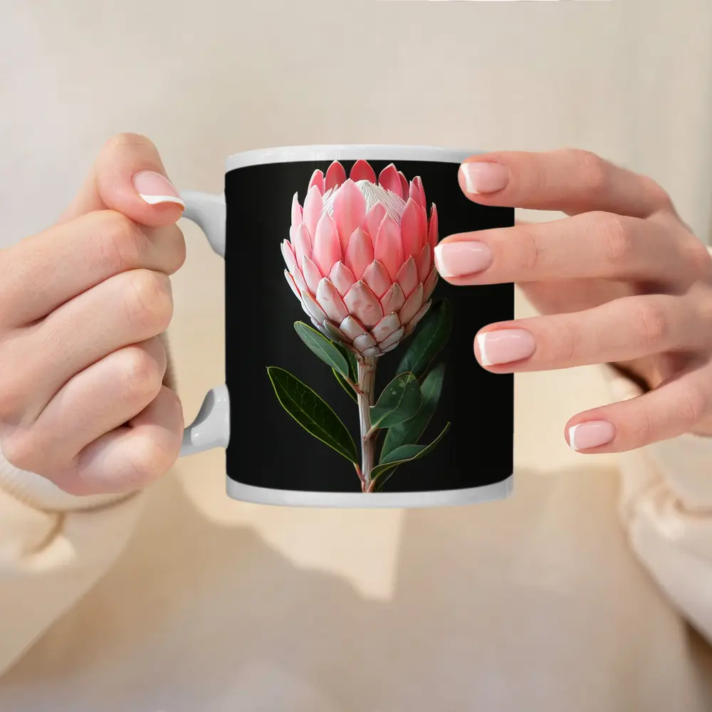 Pink Protea Flower Dark Black Background – Mugs