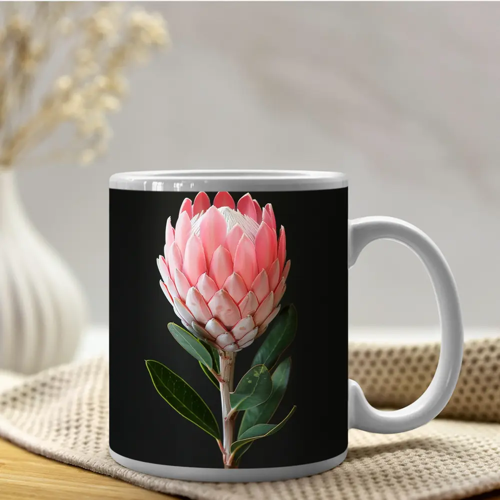 Pink Protea Flower Dark Black Background – Mugs