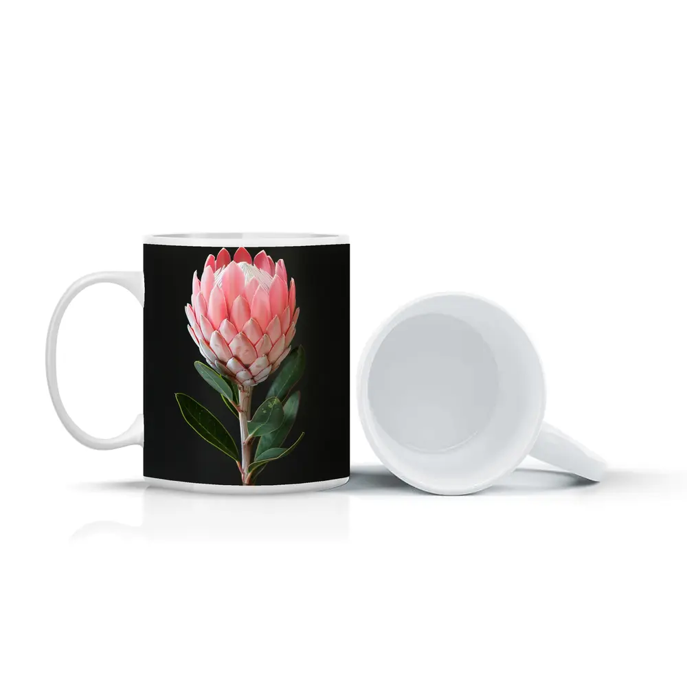 Pink Protea Flower Dark Black Background – Mugs