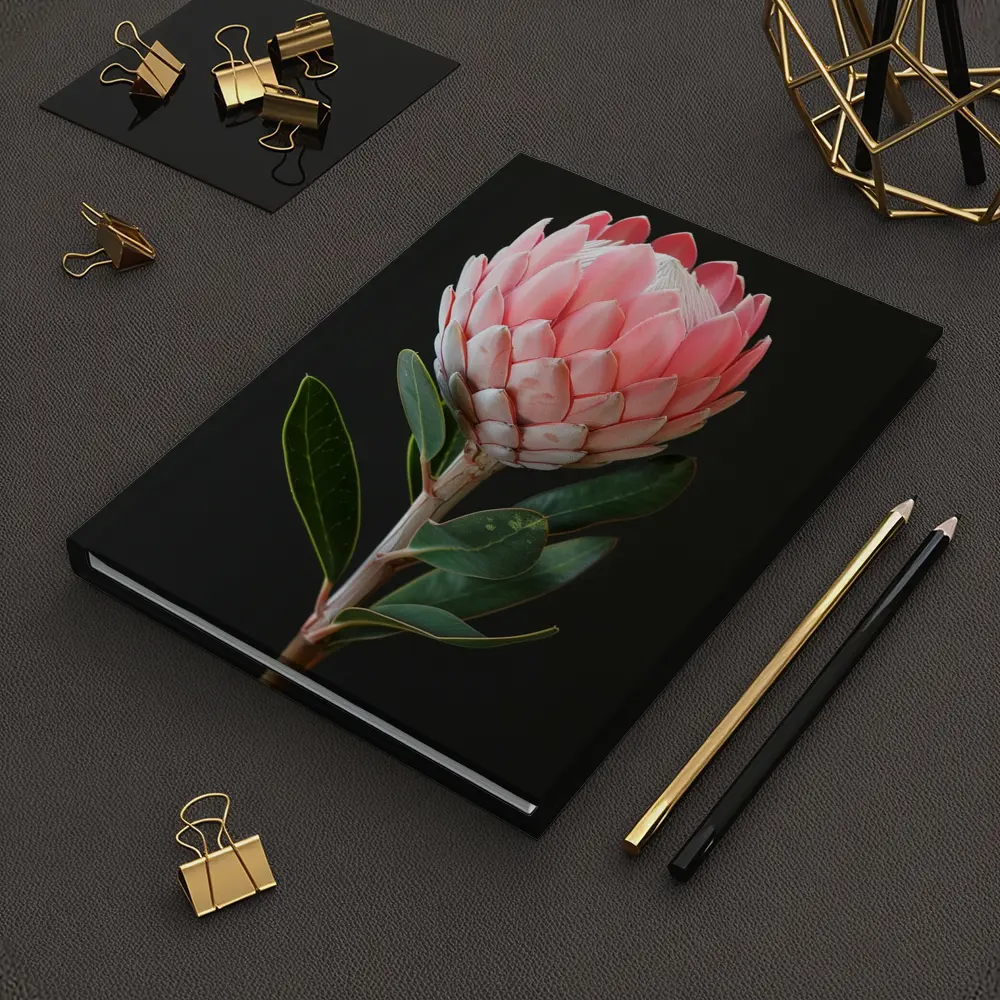 Pink Protea Flower Dark Black Background – Notebooks