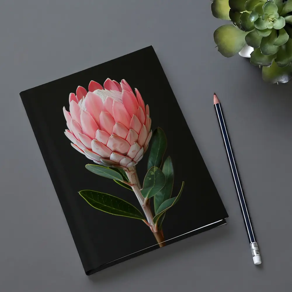 Pink Protea Flower Dark Black Background – Notebooks