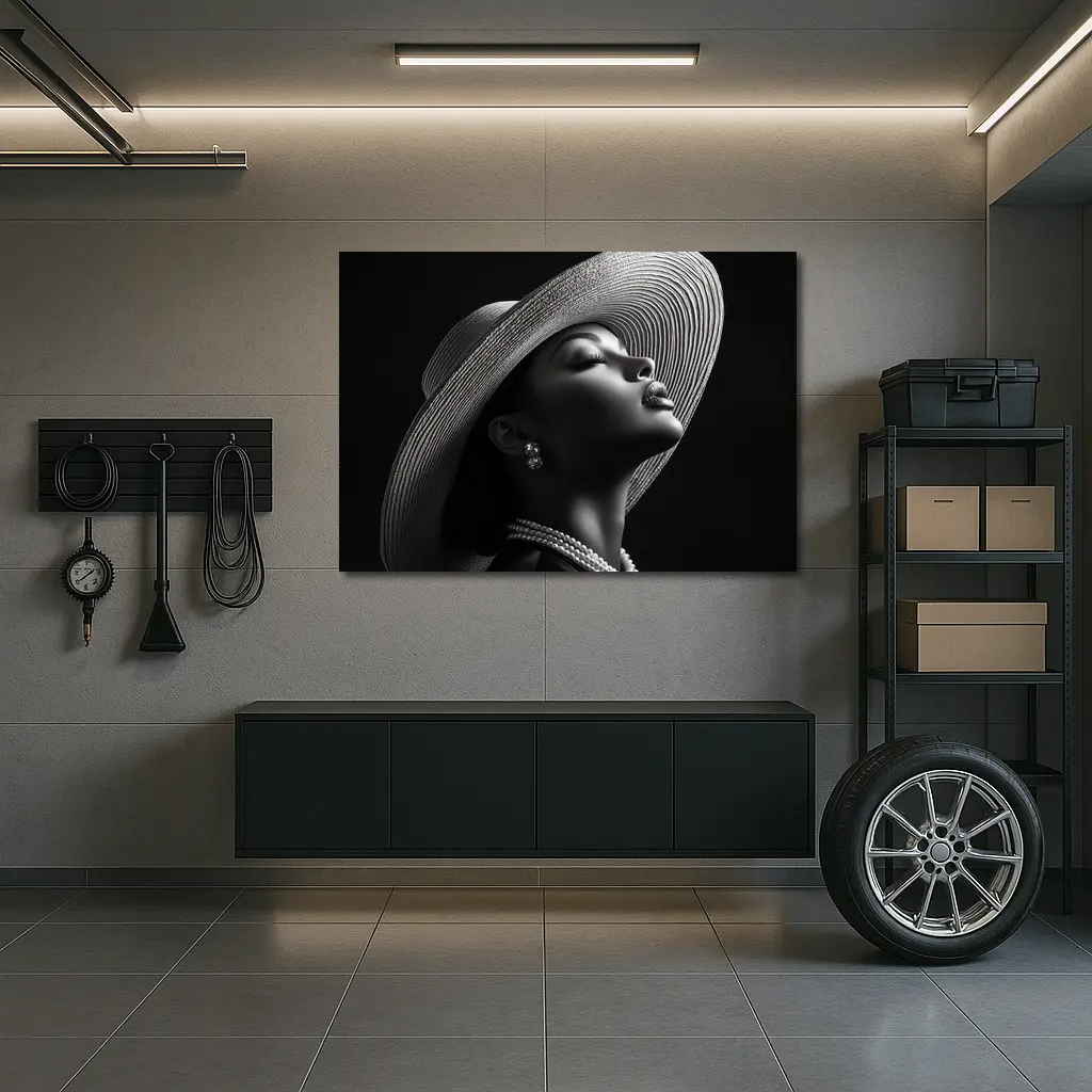 Elegant Woman Wide Brim Hat Pearl Necklace – Wall Art