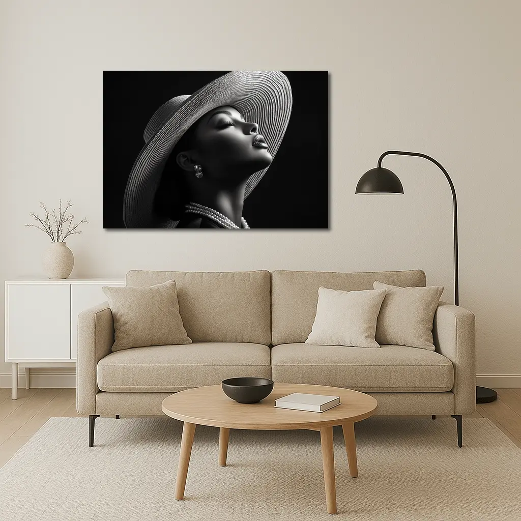 Elegant Woman Wide Brim Hat Pearl Necklace – Wall Art