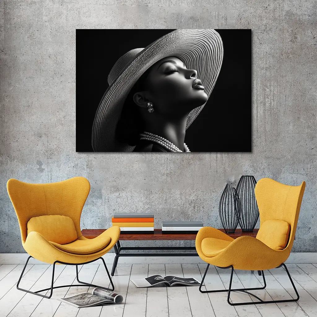 Elegant Woman Wide Brim Hat Pearl Necklace – Wall Art