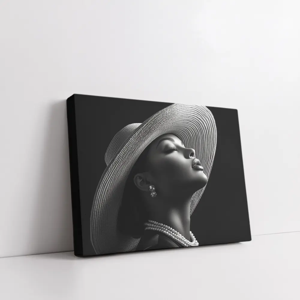 Elegant Woman Wide Brim Hat Pearl Necklace – Wall Art