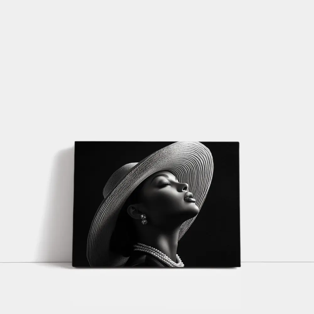 Elegant Woman Wide Brim Hat Pearl Necklace – Wall Art