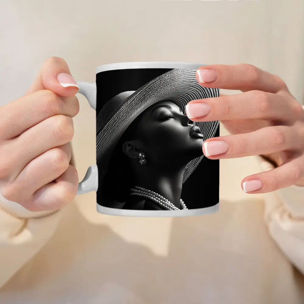Elegant Woman Wide Brim Hat Pearl Necklace – Mugs