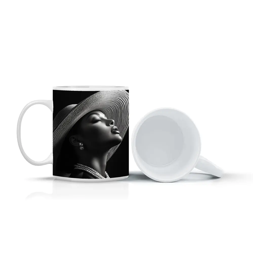 Elegant Woman Wide Brim Hat Pearl Necklace – Mugs