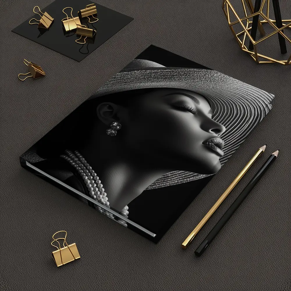Elegant Woman Wide Brim Hat Pearl Necklace – Notebooks