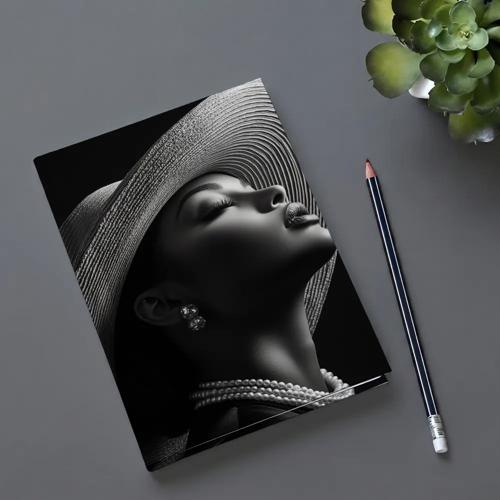 Elegant Woman Wide Brim Hat Pearl Necklace – Notebooks