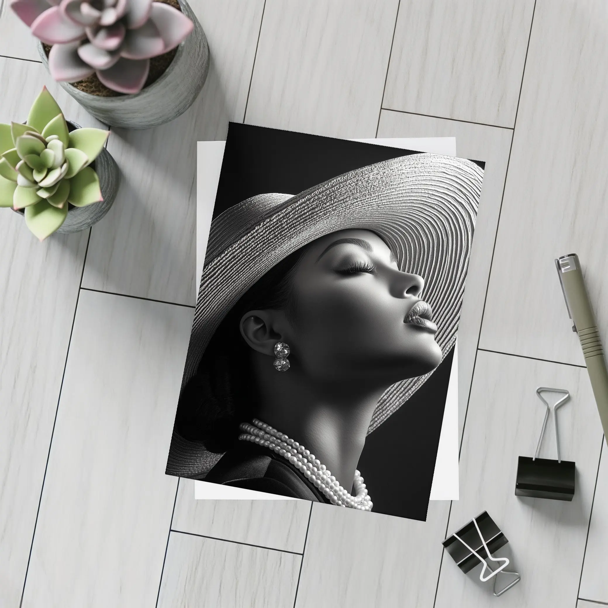 Elegant Woman Wide Brim Hat Pearl Necklace – Postcards