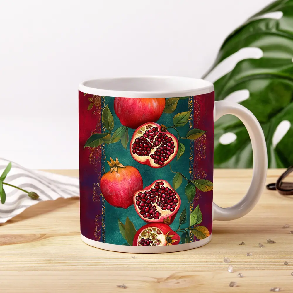 Pomegranate Fruit Botanical Art Teal Red – Mugs
