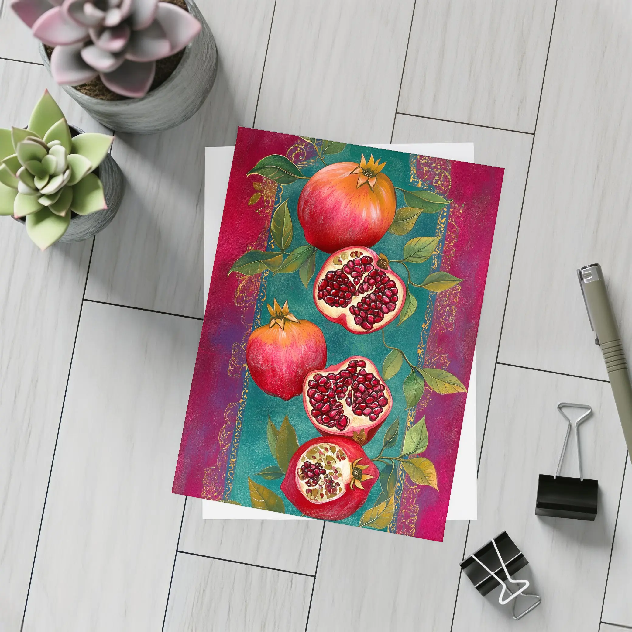 Pomegranate Fruit Botanical Art Teal Red – Postcards