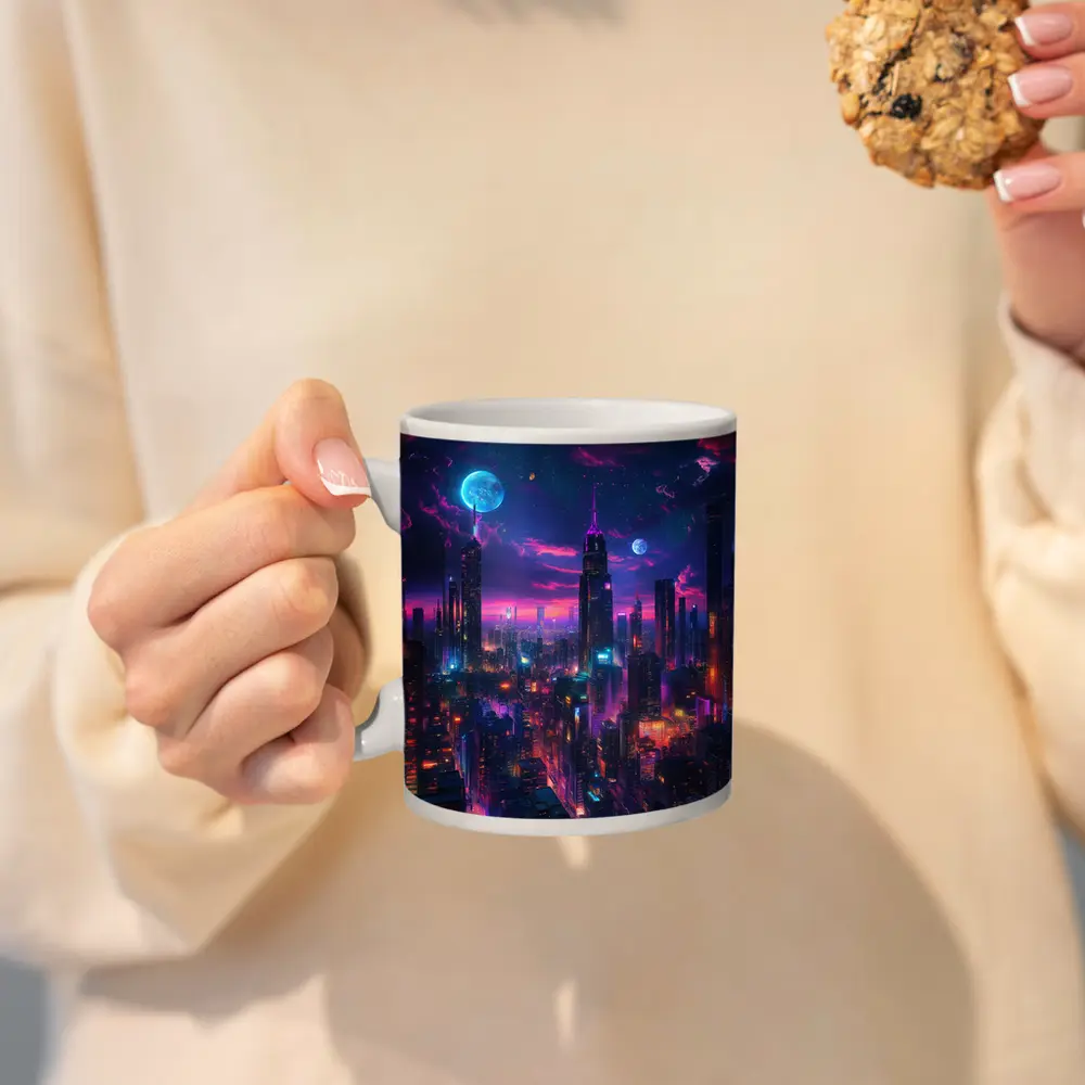Neon Cyberpunk City Skyline At Night – Mugs
