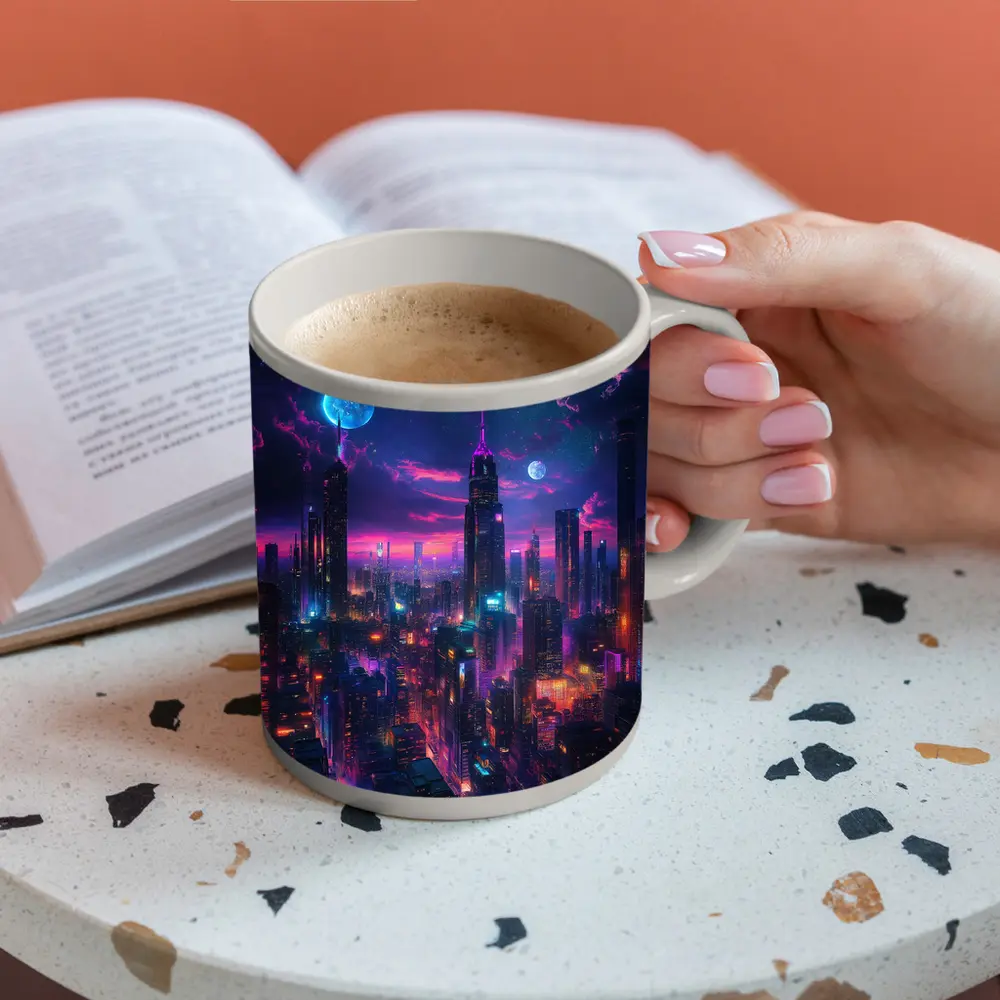 Neon Cyberpunk City Skyline At Night – Mugs