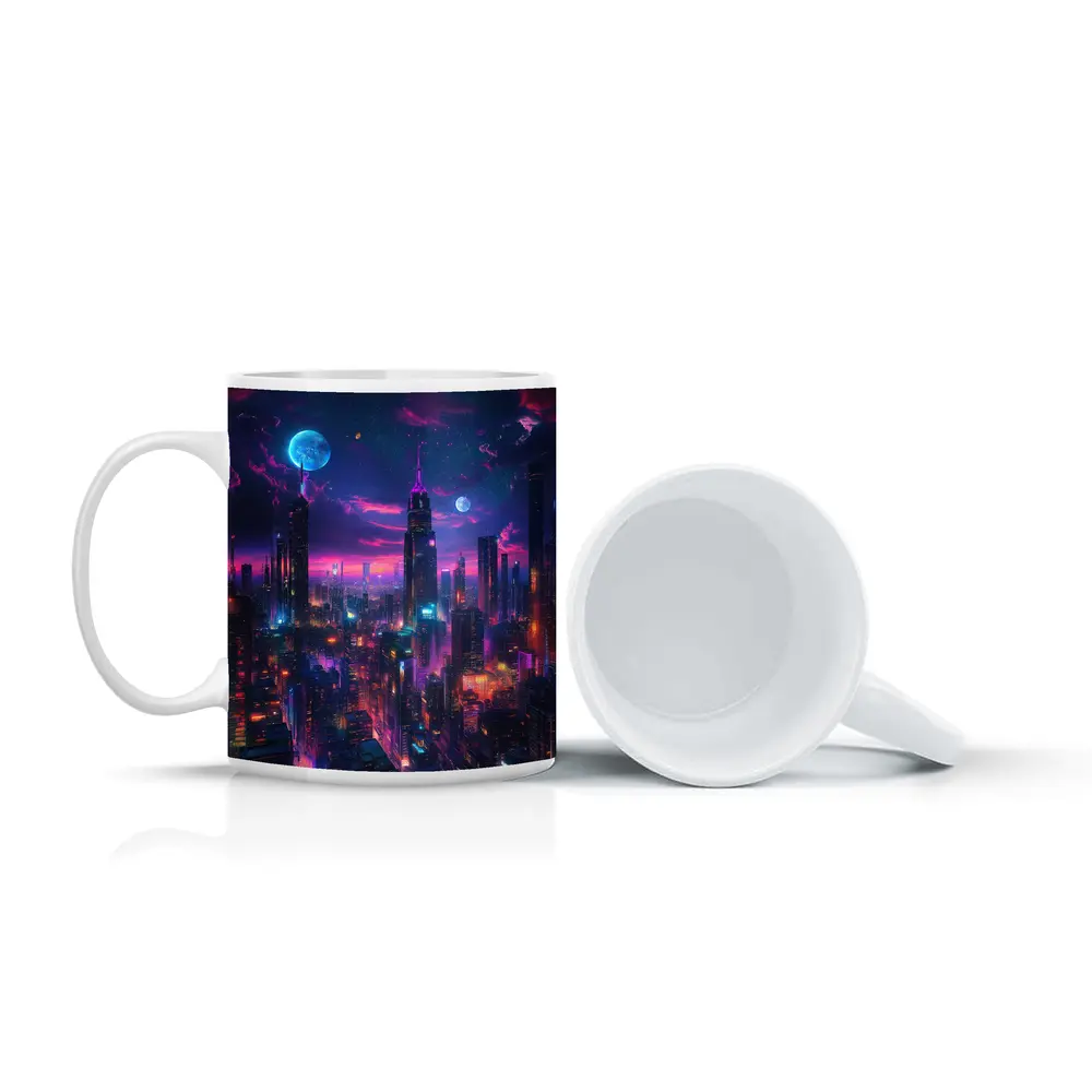 Neon Cyberpunk City Skyline At Night – Mugs