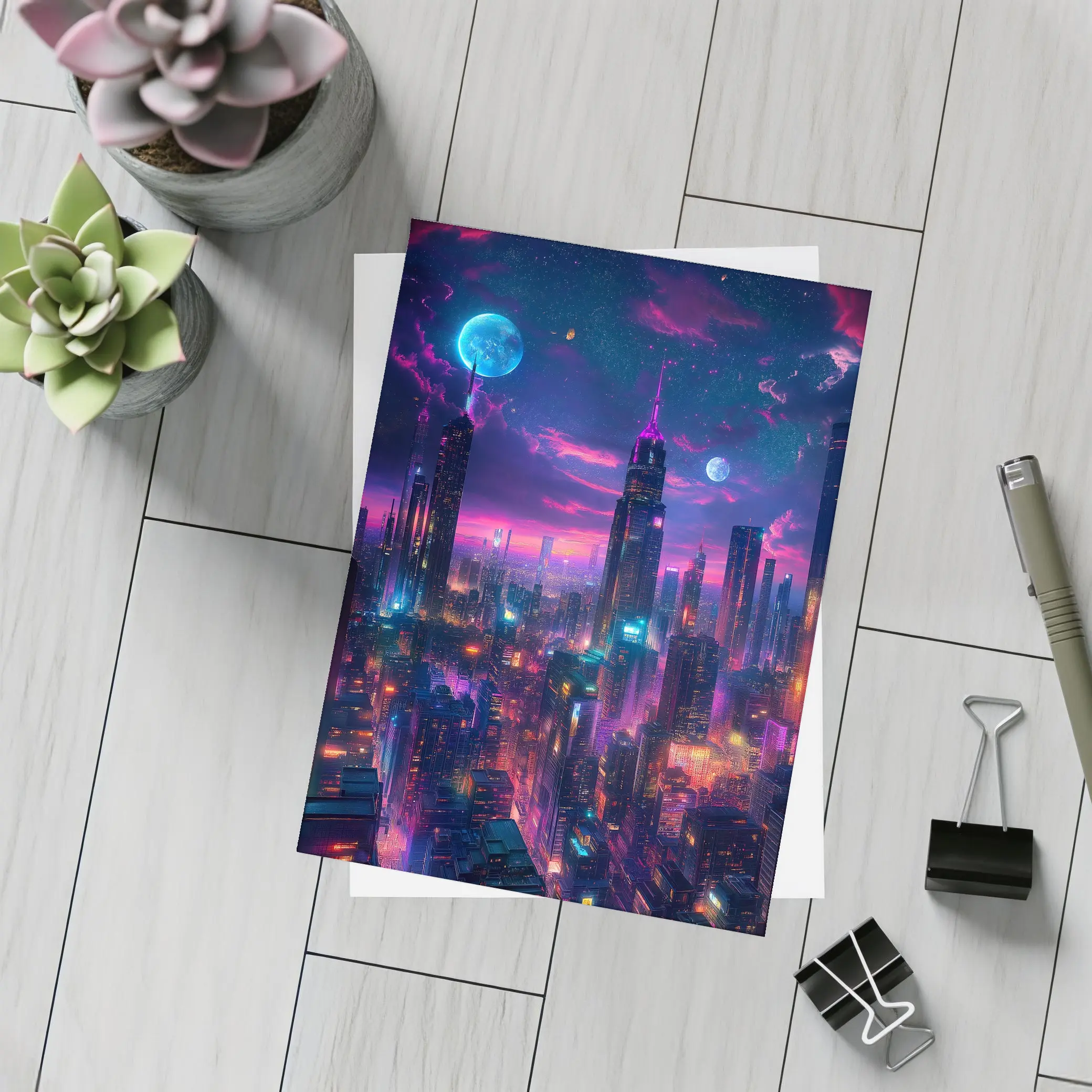 Neon Cyberpunk City Skyline At Night – Postcards