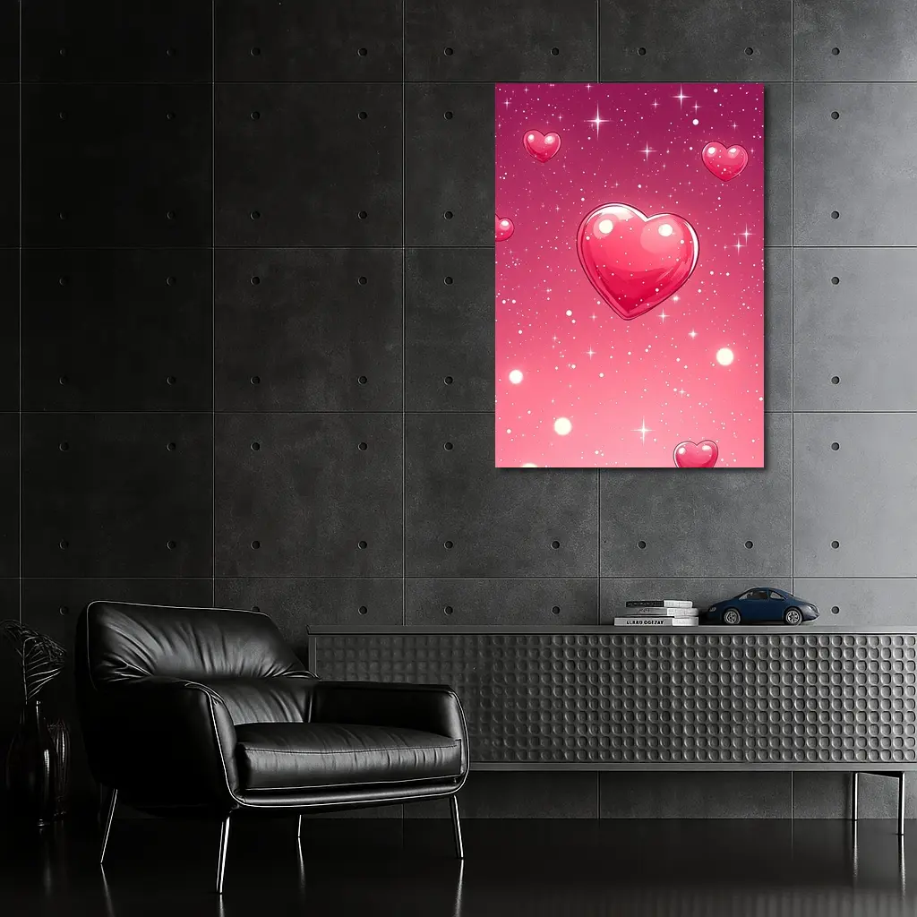Glossy Pink Hearts Floating Sparkly Background – Wall Art