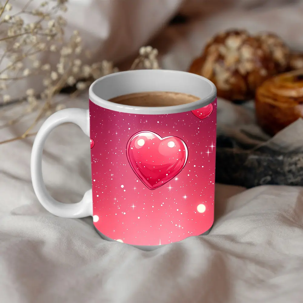 Glossy Pink Hearts Floating Sparkly Background – Mugs