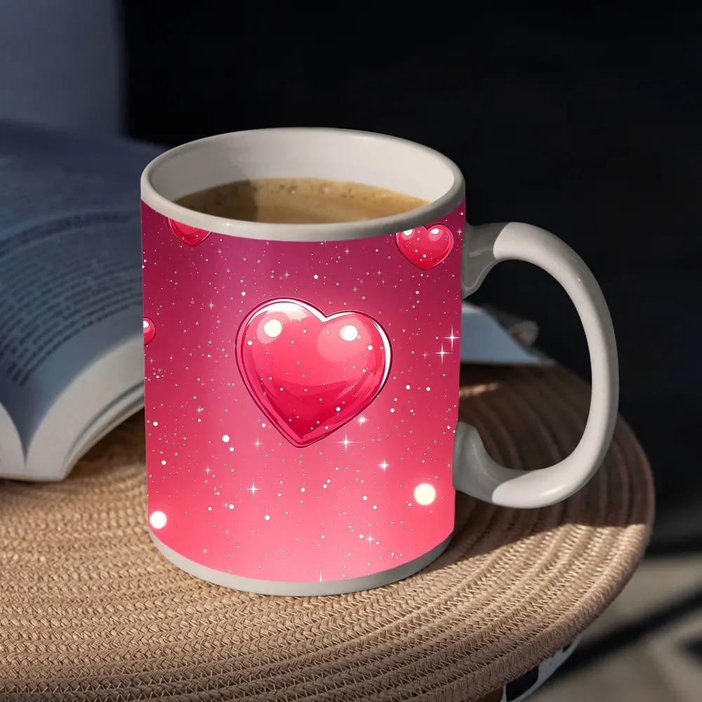 Glossy Pink Hearts Floating Sparkly Background – Mugs