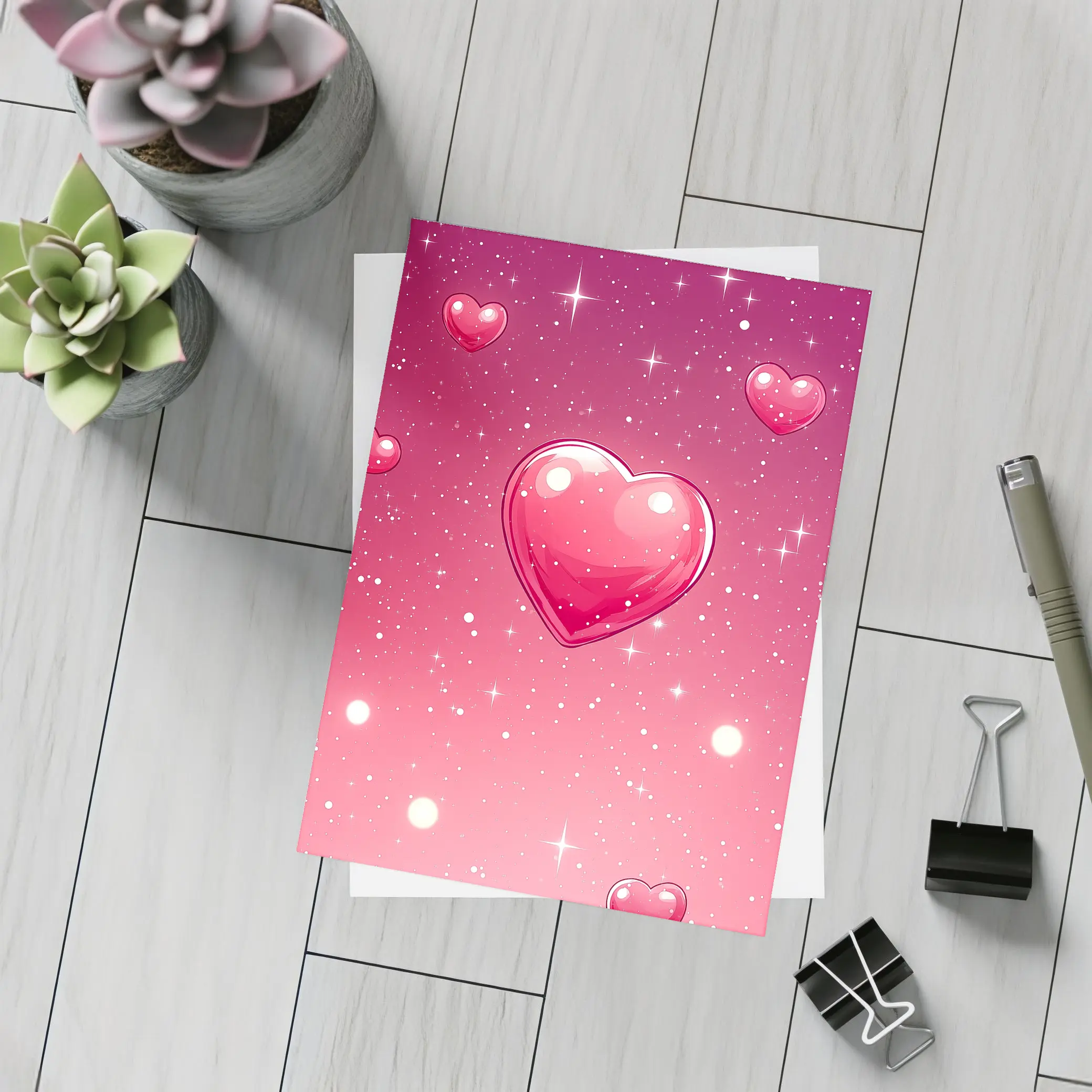 Glossy Pink Hearts Floating Sparkly Background – Postcards