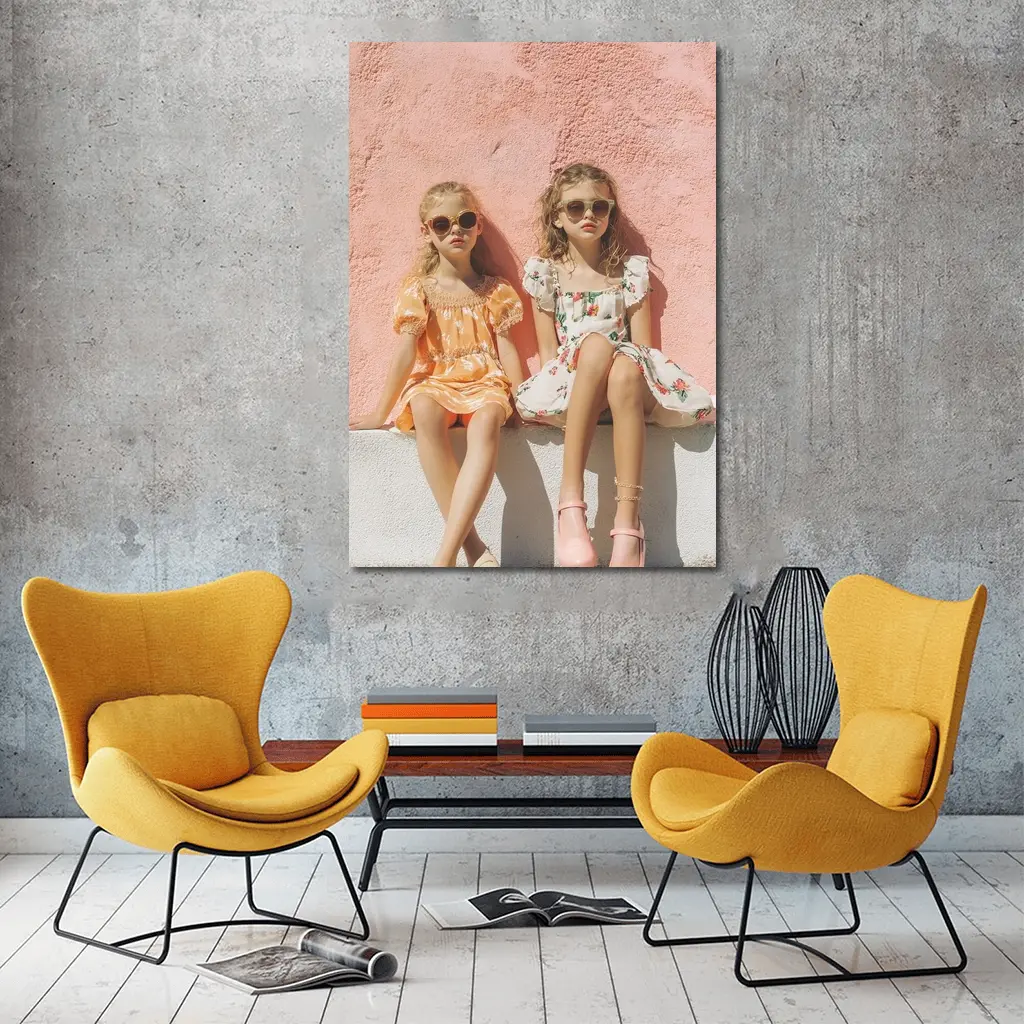 Two Girls Summer Dresses Pink Wall – Wall Art
