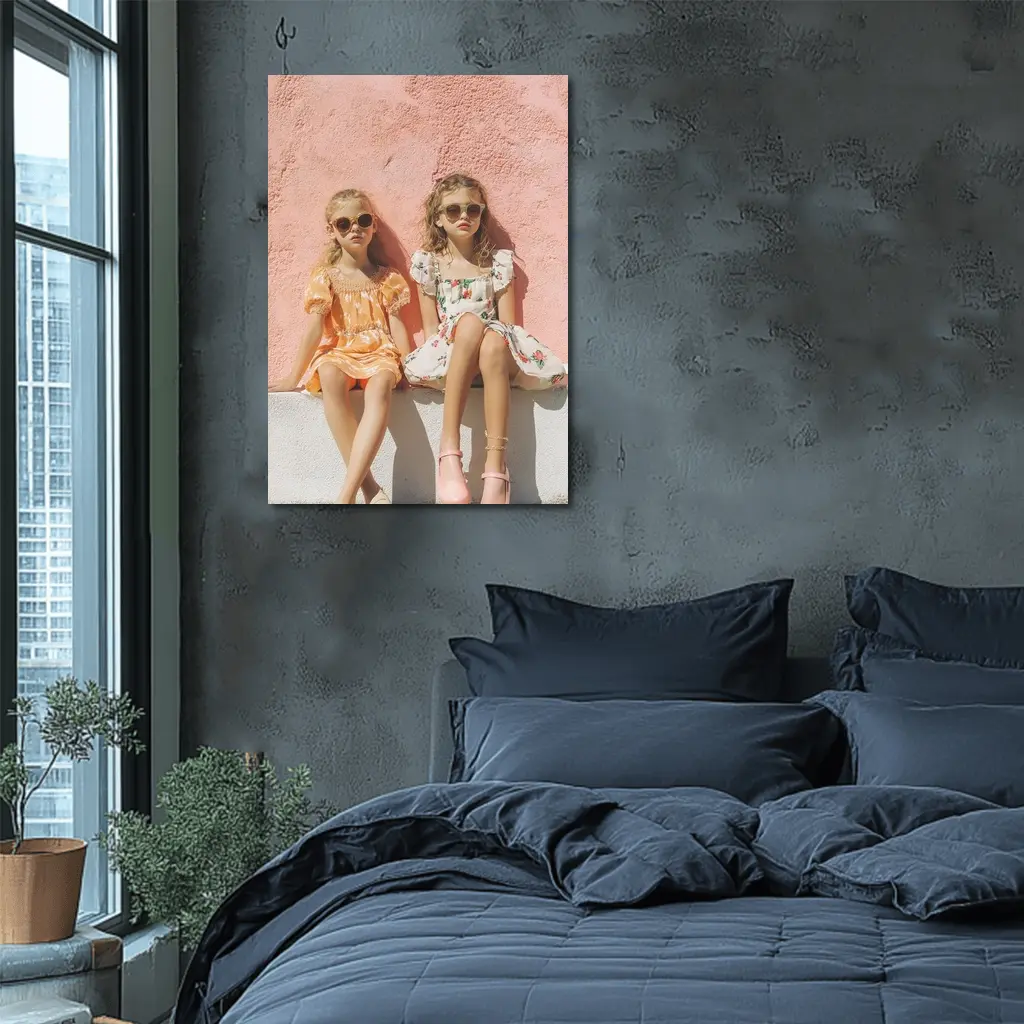 Two Girls Summer Dresses Pink Wall – Wall Art
