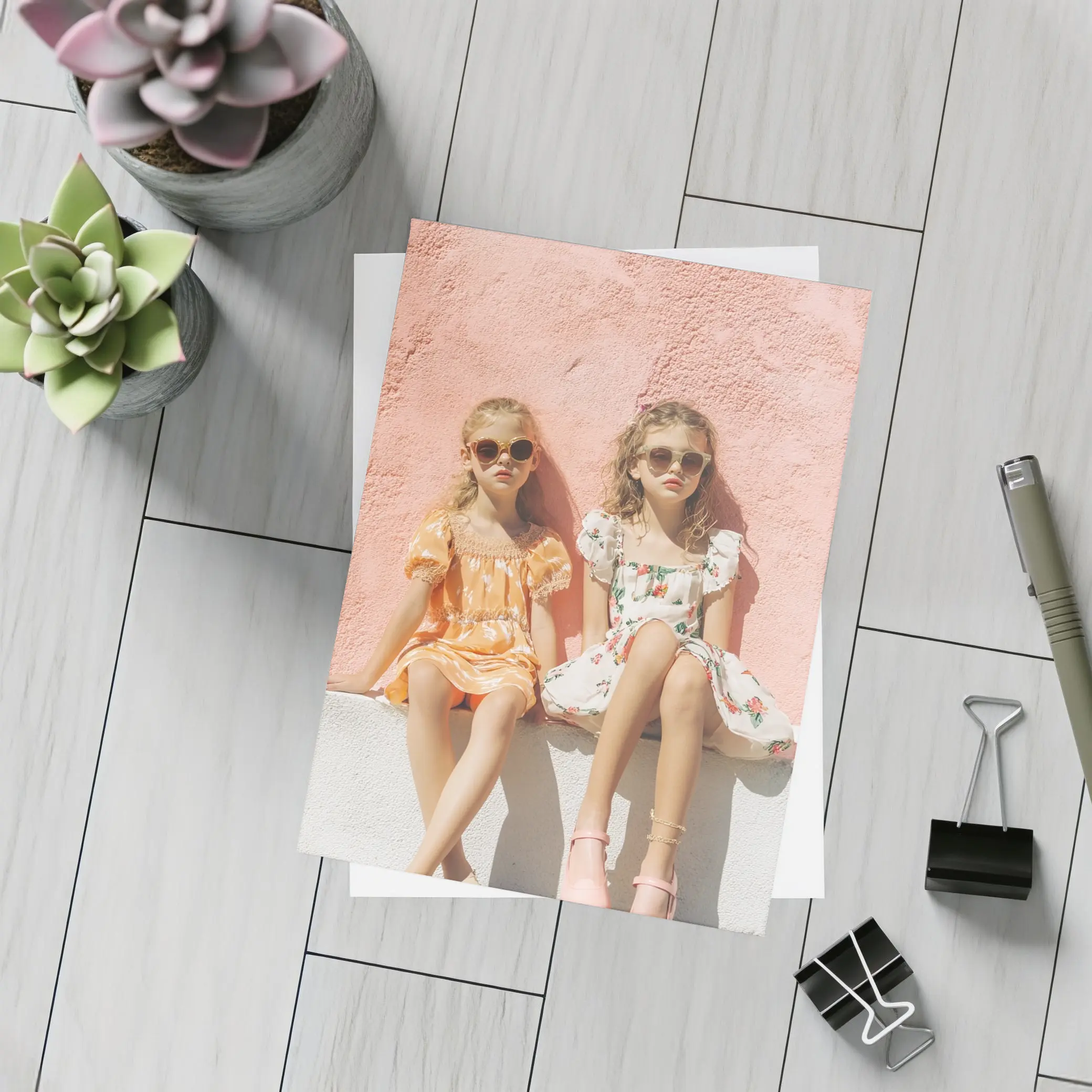 Two Girls Summer Dresses Pink Wall – Postcards