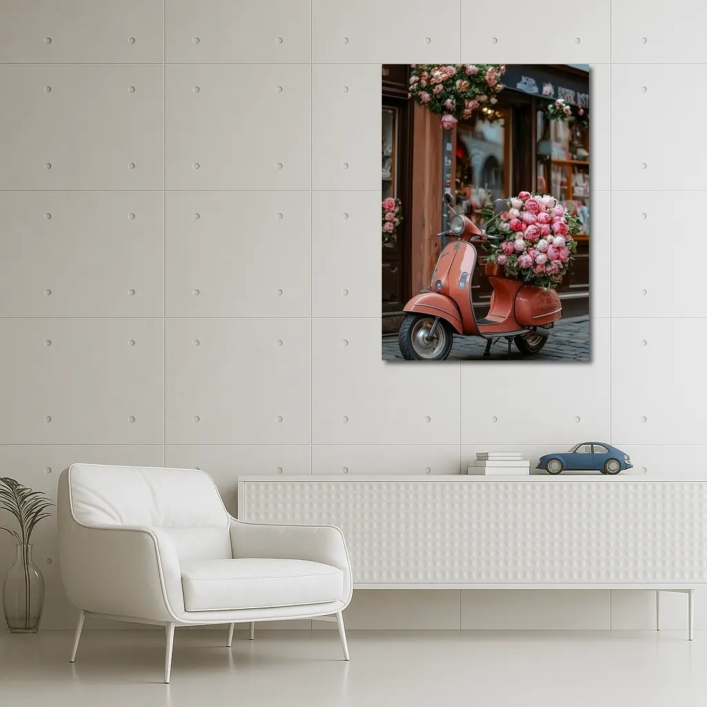 Pink Scooter Peonies Blooms European Street – Wall Art