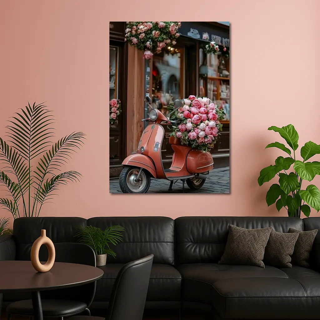 Pink Scooter Peonies Blooms European Street – Wall Art