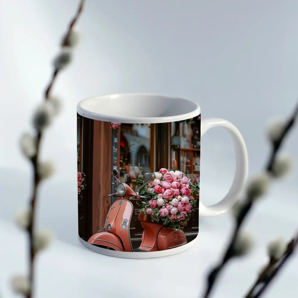 Pink Scooter Peonies Blooms European Street – Mugs