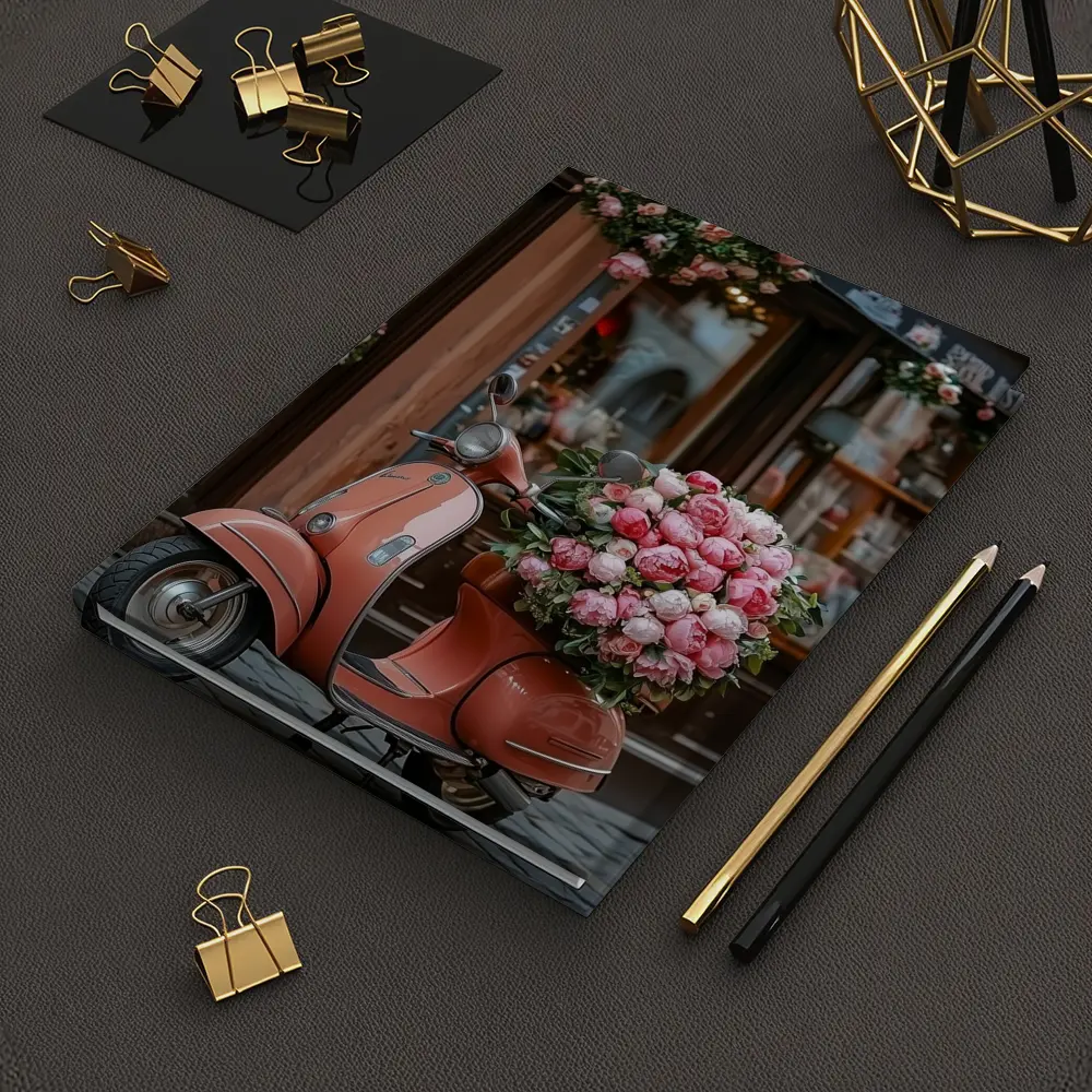 Pink Scooter Peonies Blooms European Street – Notebooks