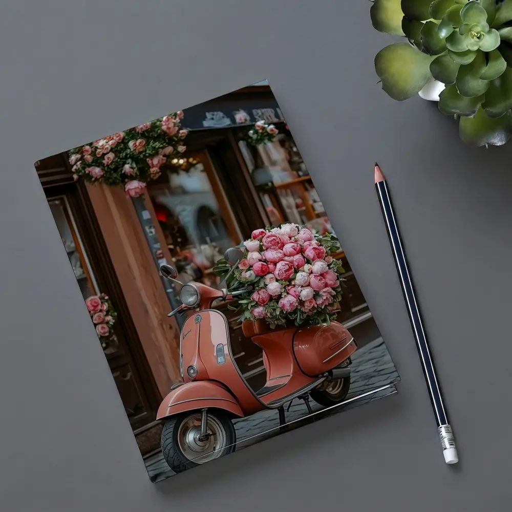 Pink Scooter Peonies Blooms European Street – Notebooks
