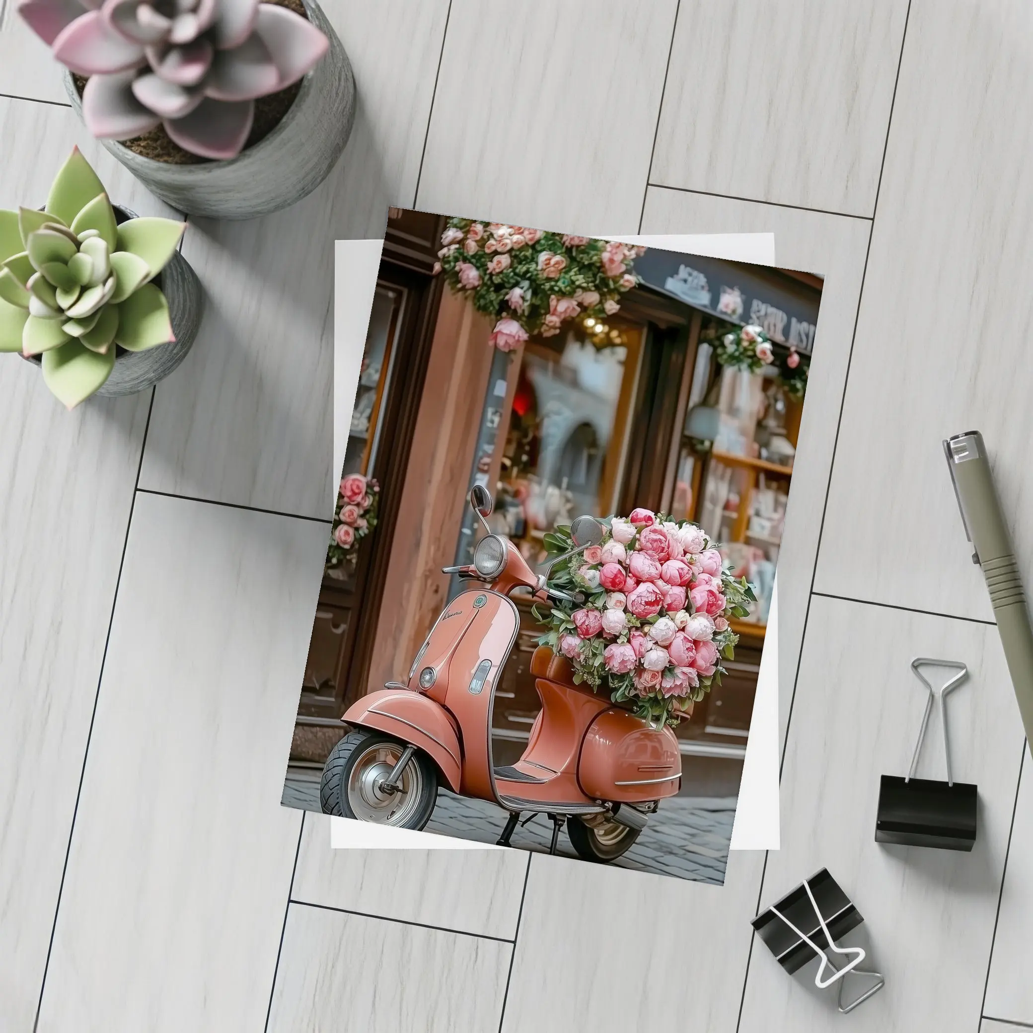 Pink Scooter Peonies Blooms European Street – Postcards