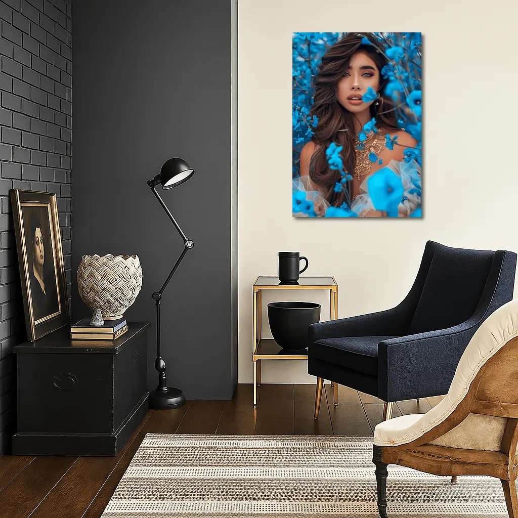 Woman Portrait Surrounded By Blue Flowers – Wall Art