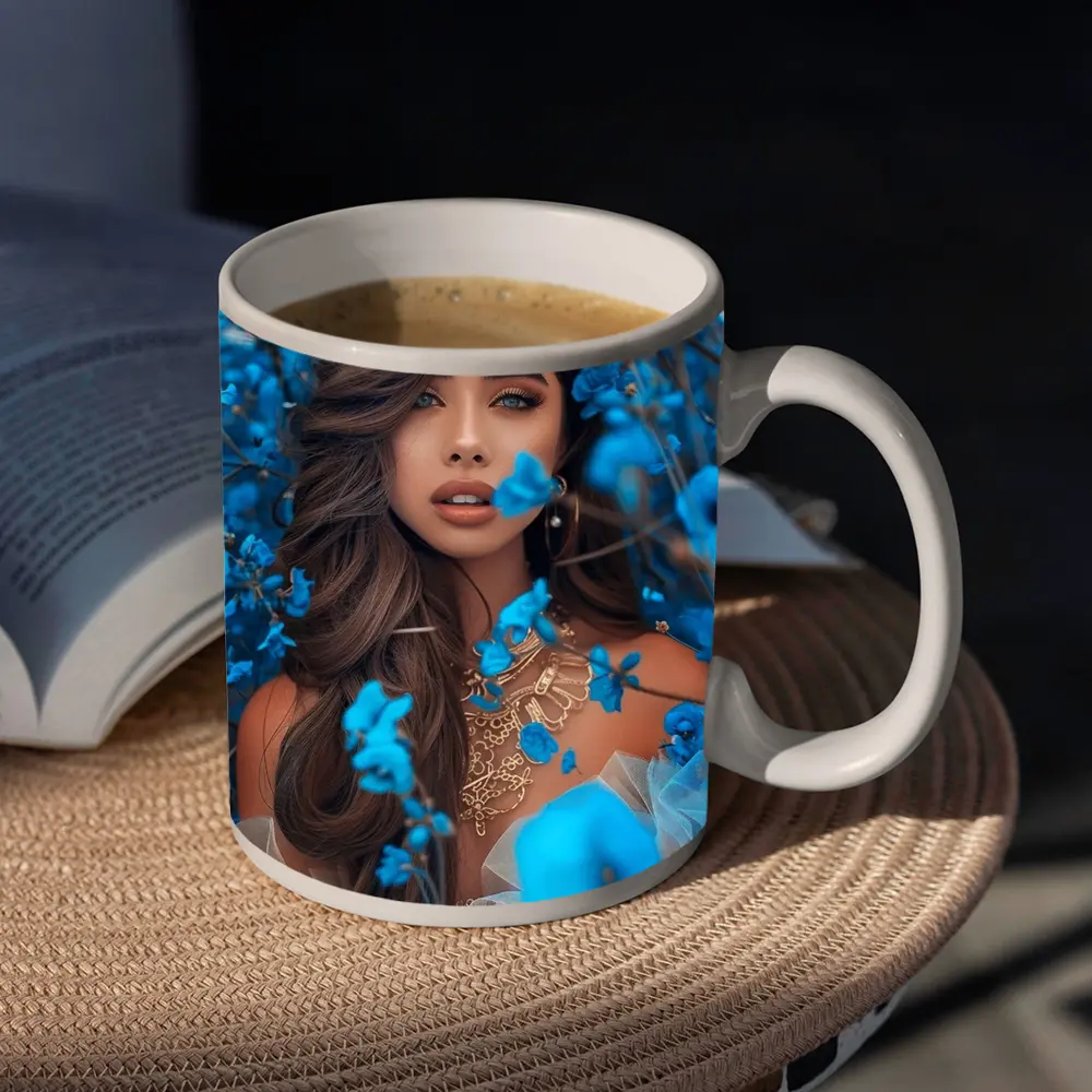 Woman Portrait Surrounded By Blue Flowers – Mugs