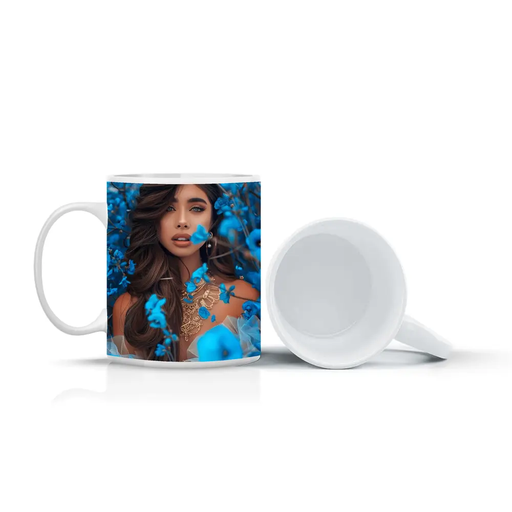 Woman Portrait Surrounded By Blue Flowers – Mugs