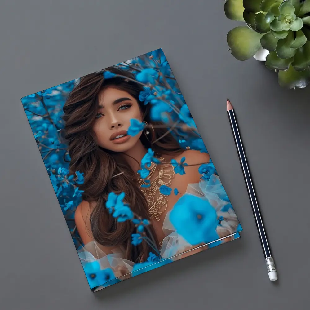 Woman Portrait Surrounded By Blue Flowers – Notebooks