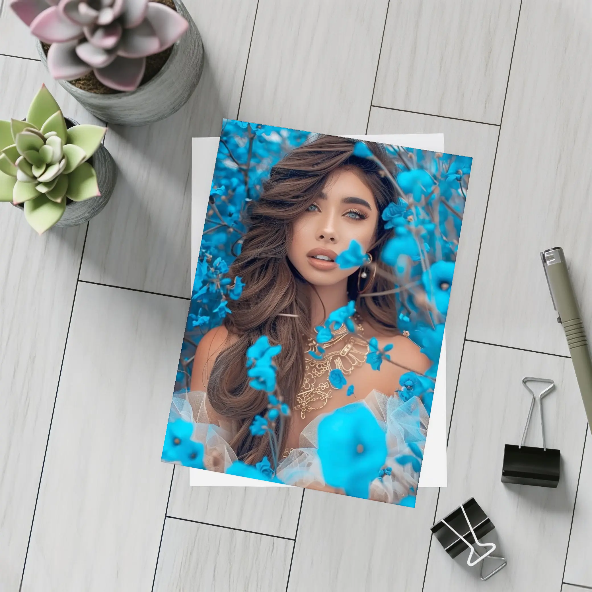 Woman Portrait Surrounded By Blue Flowers – Postcards